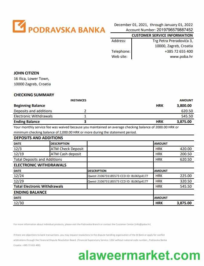 Croatia Podravska banka statement xls